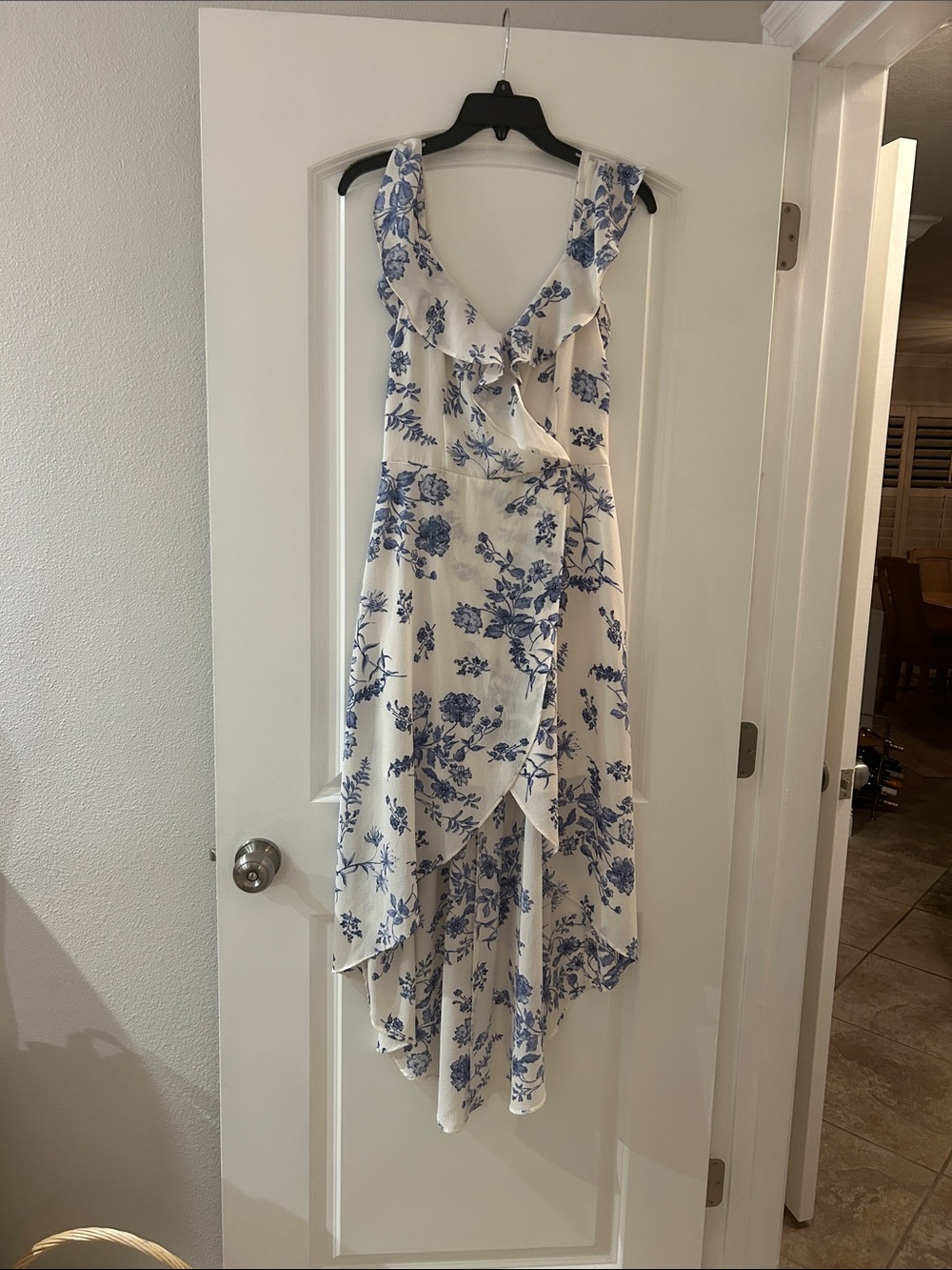 Iz Byer White Dress with Blue Floral High-Low Wrap